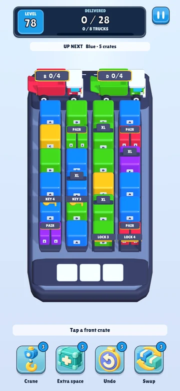 A cargo sorting puzzle with colorful crates, matching trucks and four boosters
