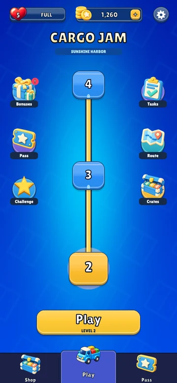 Cargo Jam home screen with the harbor, play button and daily rewards